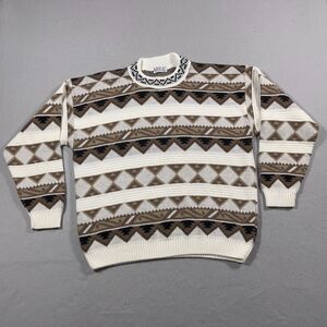 Vintage Sweater Men Medium Aztec Crewneck 80s Heavyweight Baggy Beige